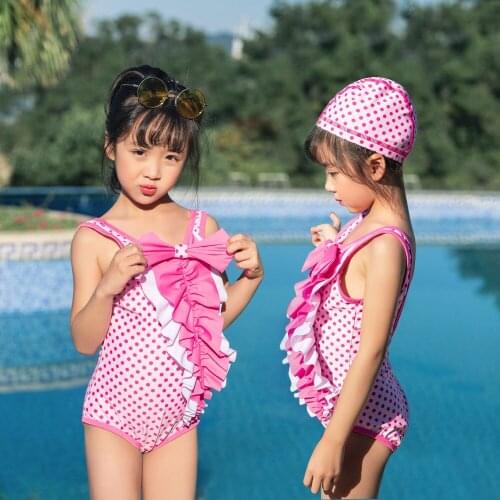 Baby Little Big Girls One Piece Swimsuit Polka Dot Flounce Pink Swimwear Bowknot Low Back Bathing Suit with Swim Cap