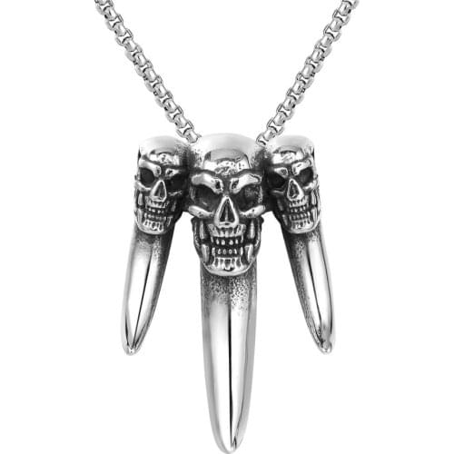 Skull Indian Wolf Tooth Pendant Necklace Mens Necklace New Fashion Metal Three-Claw Pendant Accessory Party Jewelry