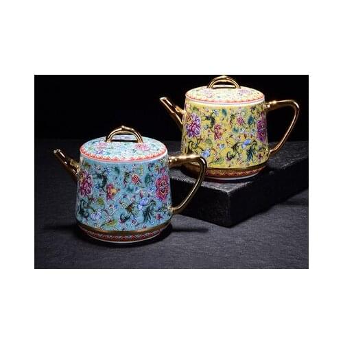 Jingdezhen Enamel Ceramic Teapot Hand-painted Blue Color Painting Gold Tangled Lotus Flower Kungfu Jin Jun Mei Teapot Teaware