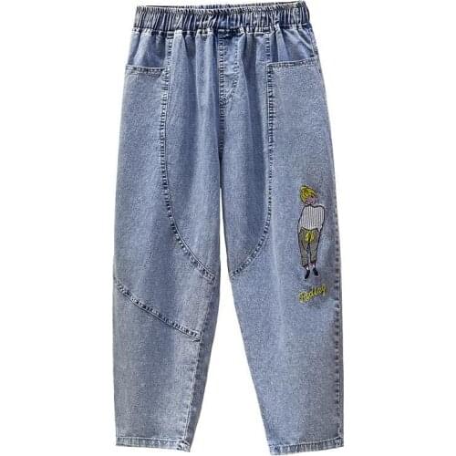 Jeans womens 2021 summer embroidered daddy pants 8-inch small, high waist, loose and thin, versatile 9-inch pants