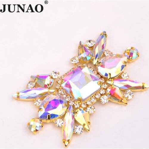 JUNAO 45*75mm Sewn Crystal AB Glass Rhinestone Appliques Gold Flowers Strass Applique Sewing Crystal Strass for Dress Decoration