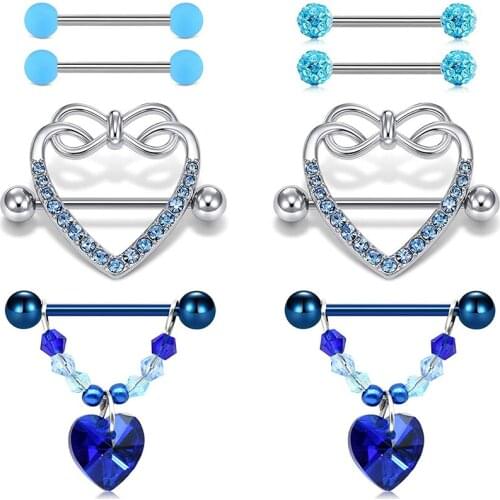 14G Nipple Rings Tongue Ring Heart CZ Nipplerings Piercing Chain Dangle Nipple Barbell Straight Tongue Piercing Kit for