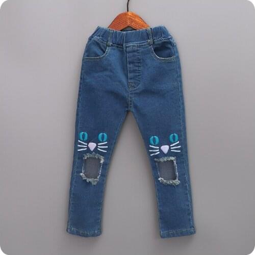 2016 Korean Childrens Garment Autumn New Pattern Girl Pants Girl Baby Embroidery Kitty Holes Jeans Leisure Time Long Pants