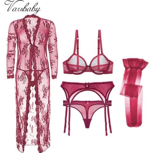 Varsbaby 5 Pcs Sexy Women Ultra-Thin Transparent Breathable Lingerie Set Nightgowns +Bras+Garters+Thongs+Stockings Underwear