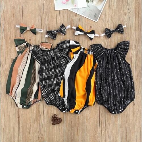 Baby Girls Outfit Sweet Style Infant Creative Geometric Printing Off Shoulder Fly Sleeve Romper Bow Headwear Baby Bodysuits