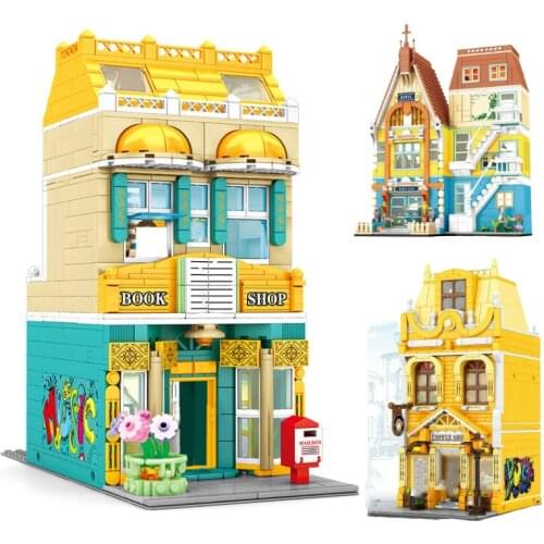 City Street View Europe bookstore Coffee Shop Assembly Building Blocks With Figures Bricks Toys For Children Christmas Gifts