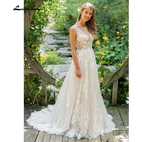 Lakshmigown Illusion Bodice with Lace Wedding Dresses Appliques A-Line bridal Gown 2021 Robe Longue Women Receipt Dresses
