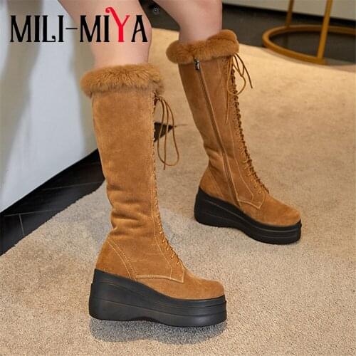 MILI-MIYA New Arrival Women Cow Suede Snow Boots Warm Plush Platform Flat Heels Round Toe Lace-Up Zipper Winter Shoes