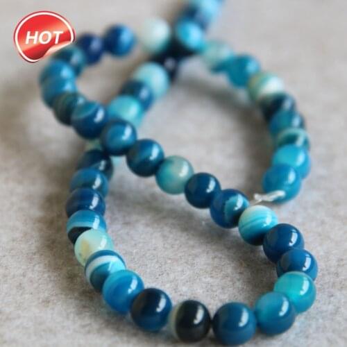 Min Order1)8mm Fashion New Blue Onyx beads Round shape chalcedony stripe DIY stones 15" Jewelry making design wholesale