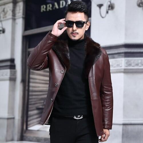 Genuine Leather Jacket Men Mink Wool Liner Mens Sheepskin Coat Natural Fox Fur Collar F-7156 KJ1436
