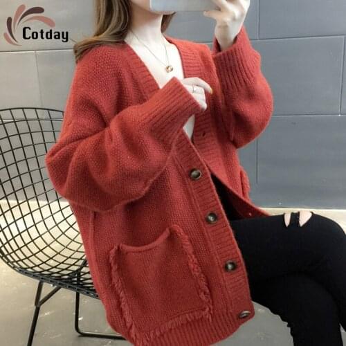 Cotday Solid Big Pocket Womens Gowns Single Breasted Knitted Casual Lady Tops Winter Warm Clothes Cardigan Sweaters