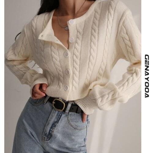 Genayooa 2021 Autumn Knitted Cardigan Women Korean Casual O Neck Sweater Women Kardigan Ladies Vintage Long Sleeve Knit Tops
