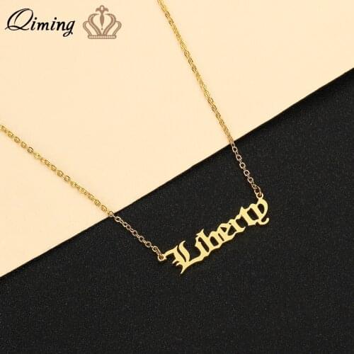 QIMING Gold Words Liberty Letter Neckalce For Men Old English Font Stainless Steel Fashion Jewelry Gothic Necklace Gift Dropship