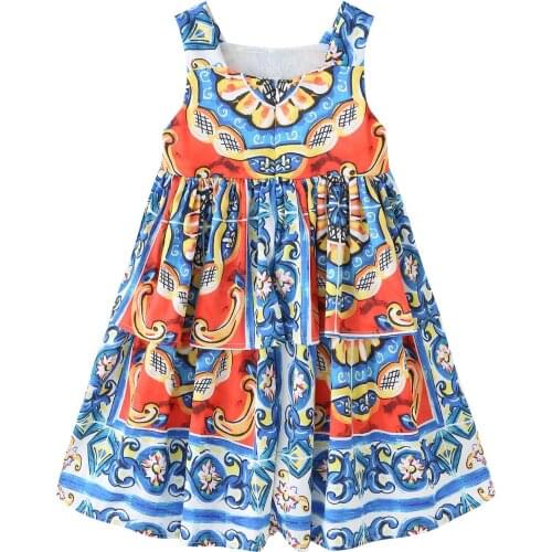 Summer Light Print Dress for Girls Retro Floral Cotton Kids Party Clothes Girls Childrens Clothing Formal Dresses 2 4 6 7 Years