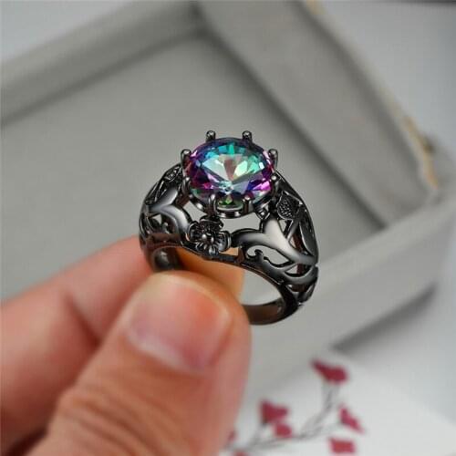Luxury Female Rainbow Crystal Stone Ring Classic Black Gold Color Wedding Ring Dainty Round Flower Engagement Rings For Women