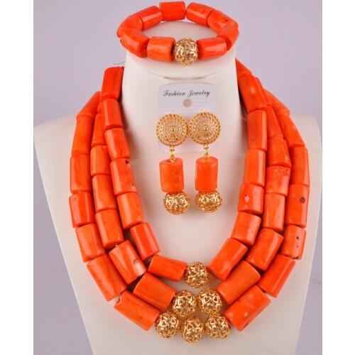 Luxurious nigerian orange coral beads african wedding coral necklace jewelry set C21-29-02