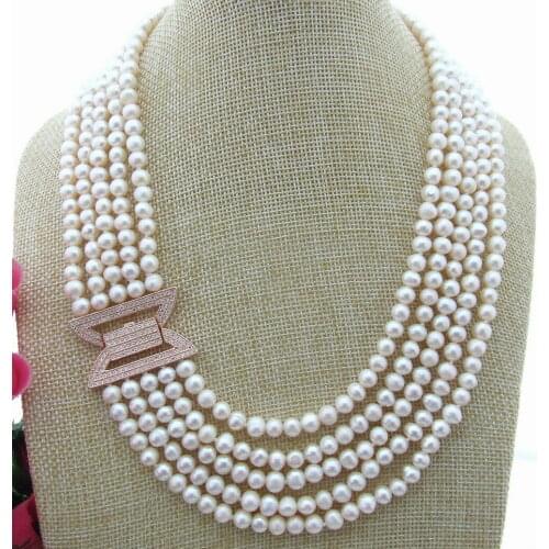 Hand knotted natural 5 strands white freshwater pearl micro inlay zircon accessories clasp necklace fashion jewelry