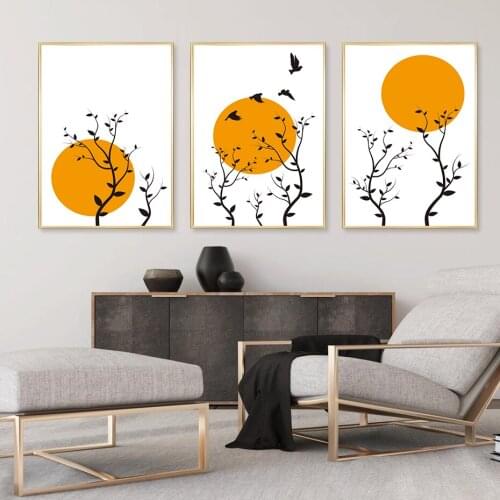Modern Flying Birds And Trees Sunset Wall Art Poster Print Canvas Painting Minimalist Artwork Interior Home Decoration