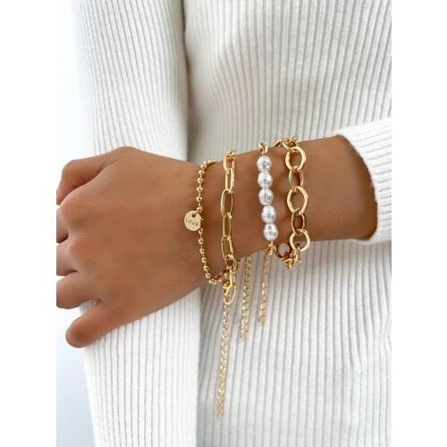 Stillgirl 4Pcs Vintage Gold Pearl Bracelet for Women Charm Chain Carving Letter Geometric Set Boho Female Korean Fashion Jewelry