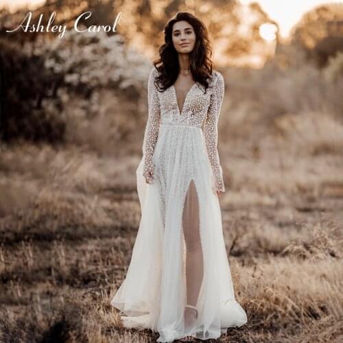 Ashley Carol A-Line Wedding Dress 2021 Boho Long Sleeve V-neck Illusion Point Wave Sashes Beach Bride Dresses Vestido De Novia