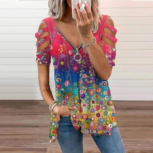 Loose Casual Printing Flower Printing T-shirts Tops 2021 Summer Womens Short-sleeved V-neck Top Fashion T-shirt Shirt Plus Size