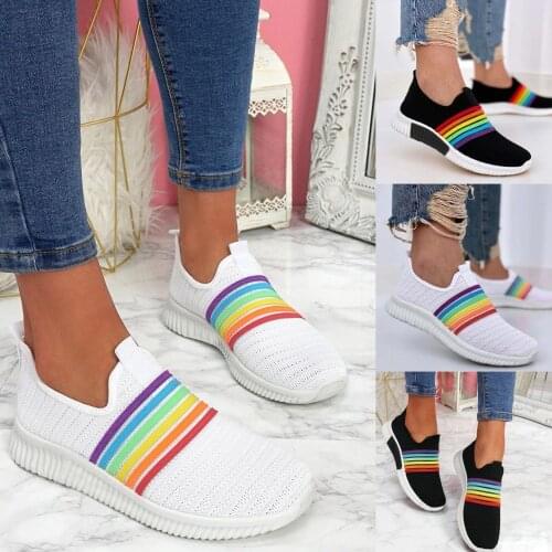 Knit Women Vulcanize Shoes Casual Mesh Sneakers Rainbow Slip On Mesh Breathable Sneakers Walking Running Shoes кроссовки женские