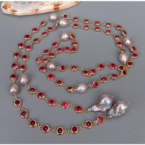 Y.YING Cultured Purple Keshi Pearl Fuchsia Color Cz Pave Long Chain Long Necklace 49"