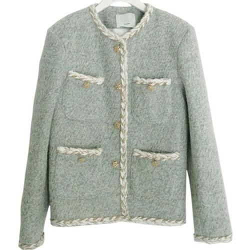 Small fragrance tweed wooeln jacket women autumn winter o-neck single breasted top jacket