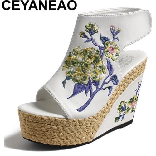 CEYANEAO 2020 National Wind Straw Embroidery Fashion Sandals Platform Shoes Women High Heel Shoes Genuine Leather Wedge Sandals