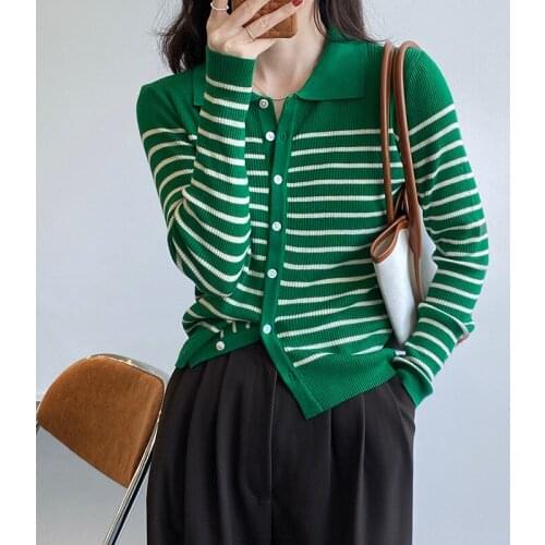 Stripe long sleeve knitted cardigan womens autumn 2021 contrast polo collar loose and simple top 0903-1
