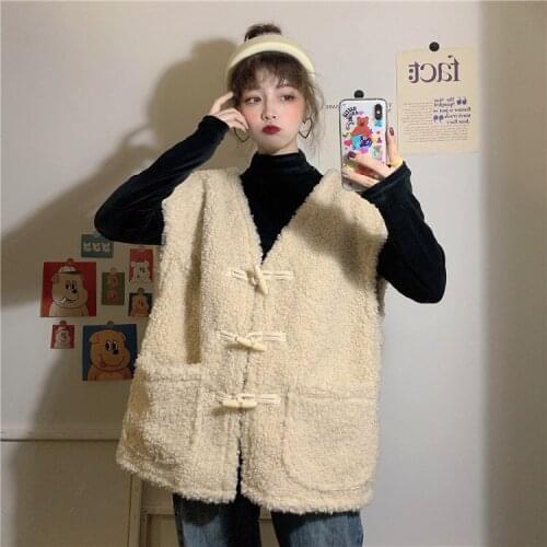 Vest Women Solid Loose Horn Buckle Trendy Korean Style Sleeveless V-Neck All-match Female Coats Simple Leisure Outwear Chic 2020