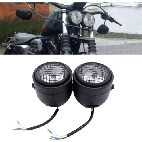 1 Pair Universal Black Grille Motorcycle Headlight Led 8.5 In Metal Front Twin Round Head Light Moto Bike Front Double Head Lamp