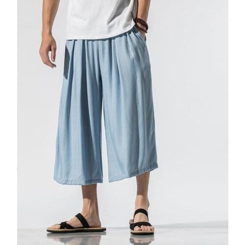 MrGB Summer Japanese Chinese Style Harem Pants Wide Leg Straight Casual Calf-Length Pants Retro Fashion Couple Simple Trousers