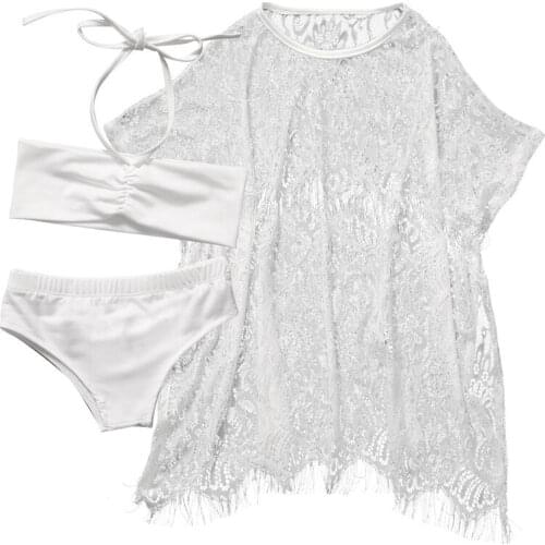 Kids Girls Summer Solid Color Bikini Set Swimwear Bathing Suit Lace Cover Up Swimming Costume 1-6Y