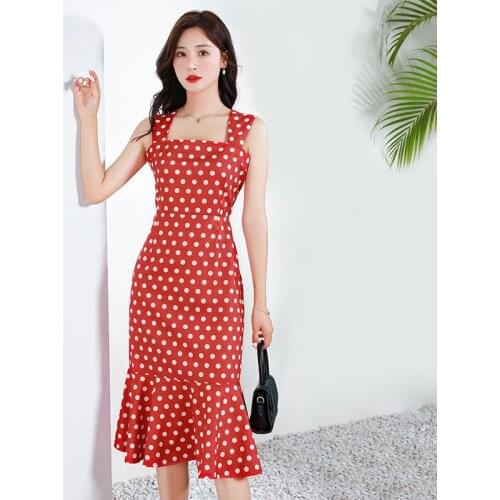 French retro high waist slim hip fishtail dress temperament fashion red polka dot square collar sling chiffon dress