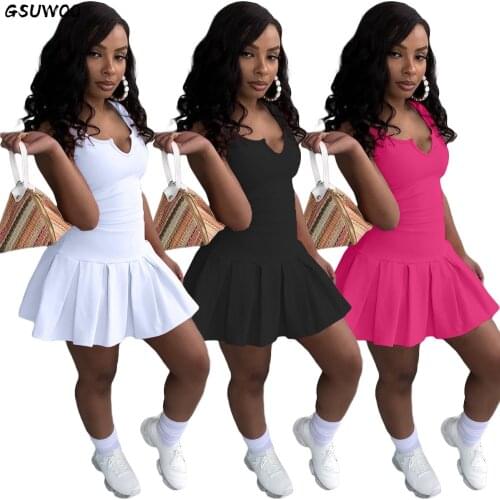 GSUWOO Fashion Woman Slim Tennis Sports Vest and Pants Skirt Set Solid Color Tank Top Pleated Skirts Two Pieces Outifts Clothes