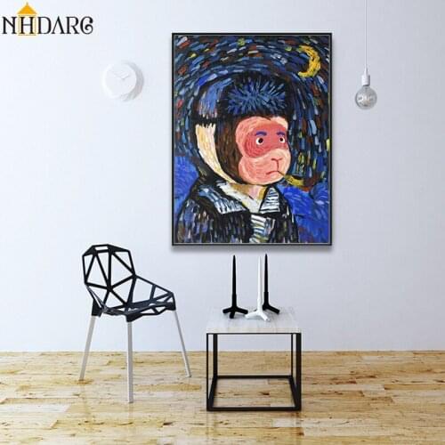 Vincent van Gogh Style Abstract Cute Cartoon Monkey Poster and Print Canvas Art Painting Wall Picture for Living Room Home Decor