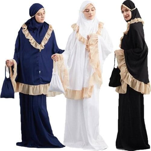 New Women 2pcs Muslim Prayer Set Khimar Abaya Ruffle Overhead Hijab+Skirt Full Cover Islam Clothing Middle East Worship Service