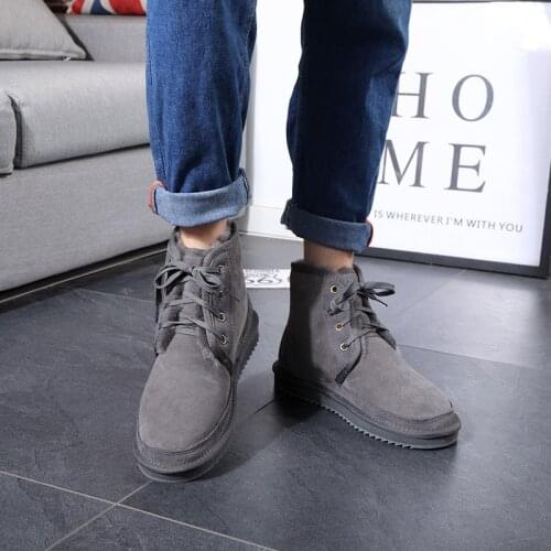 Genuine Leather Sheepskin Boots Warm Wool Shoes Natural Fur Mens Snow Boots Shoes Sheep Lace-up Fleece-Lined Men Winter Shoes