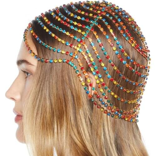 Colorful Bridal Headpiece Boho Rhinestone Headband Jewelry for Women Luxury Crystal Chain Flapper Cap Wedding Hair Accessories