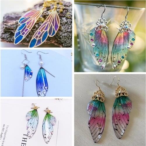 Minar Fantasy Neon Color Rhinestone Cicada Wings Earrings Trendy Butterfly Gradient Pink Blue Foil Enemel Long Dangle Earrings