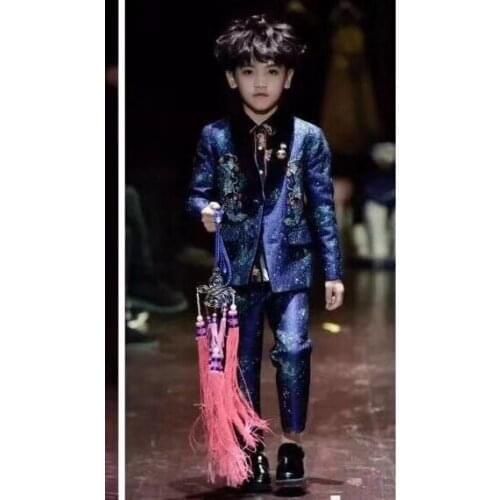 Blue One Buttons Wedding Suits For Boy Shawl Lapel Suits Children Party Tuxedos boys blazer (jacket+pant+vest)