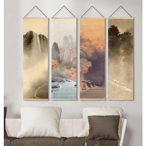Nordic Canvas Printed Poster Wall Hanging with Scroll Painting Chinese Landscape Painting with Ink and Water Art for Living Room