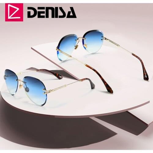 DENISA Fashion Blue Rimless Sunglasses Women 2019 UV400 Luxury Aviation Ladies Sunglasses Glasses Shades zonnebril dames G18475