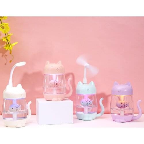 Portable 350mL Kitty Cat Air Humidifier Aroma Essential Oil Diffuser 3 In 1 USB Fan and Night Light Beautifully Bedroom