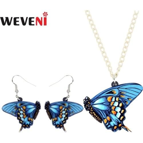 WEVENI Acrylic Anime Floral Blue Butterfly Necklace Earrings Trendy Insect Jewelry Sets For Women Girls Party Drop Ship Female