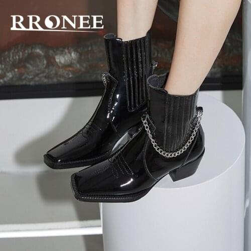 Martin Boots women fall/winter 2021 Fryer Street Chunky Heel Square Toe Chain Middle Heel Rhinestone sleeve Chelsea ankle boots