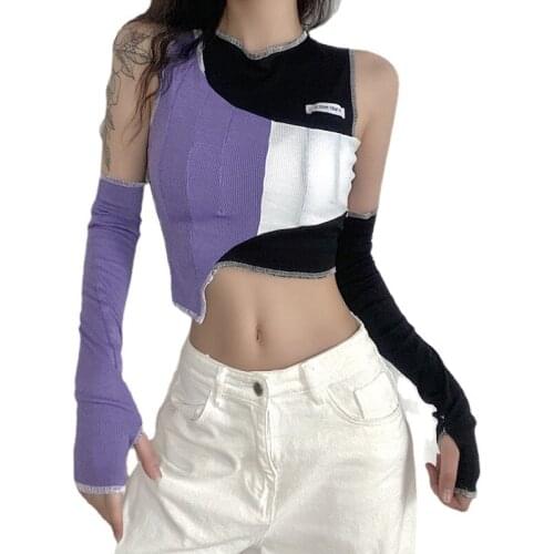 Women 2021 New Summer Sexy Crop Tops Hot Girl Fake 2 Piece Patchwork Mix Color Short Tee Cold Shoulder Long Sleeve Short T Shirt