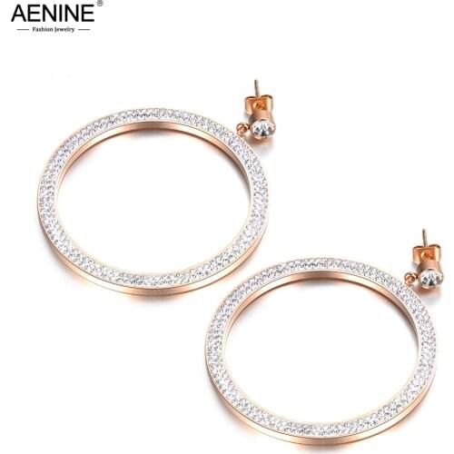 AENINE Hyperbole Big Circle CZ Crystals Earrings For Women Stainless Steel Jewelry Bijoux Brincos Pendientes Mujer AE18083