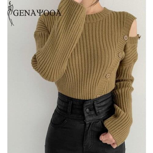 Genayooa Off The Shoulder Knit Sweater Pullover Long Sleeve O Neck Slim Sweaters For Women Irregular Vintage Jumper Ladies New